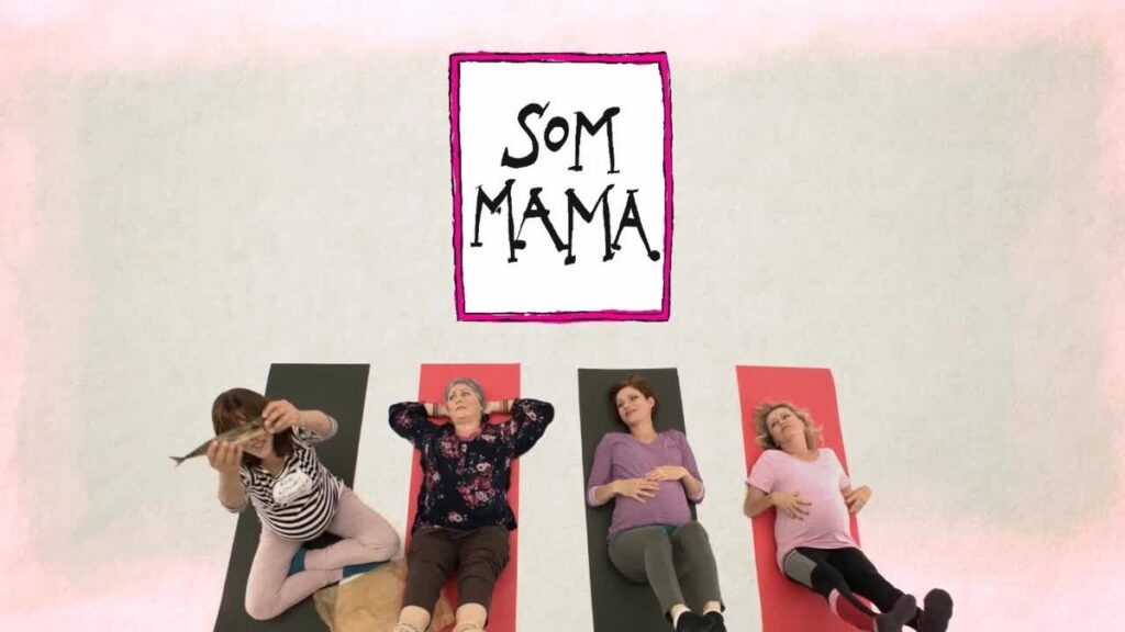 A still from the TV show Som mama with four pregnant women lying on yoga mats and a title of the show above them.